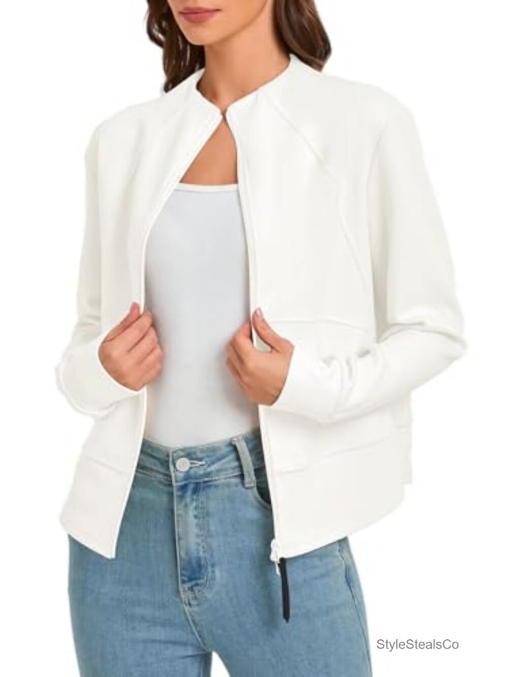 Cropped Zip Up Cardigan Bomber Jacket Lightweight With Pockets